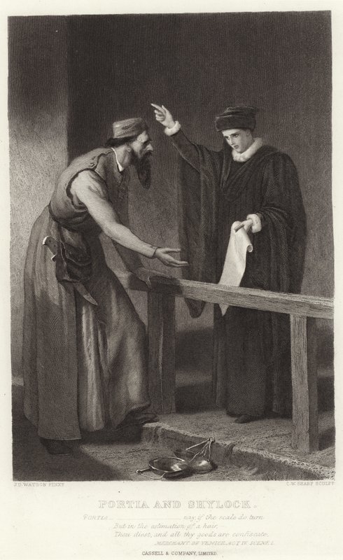Portia y Shylock, El mercader de Venecia, Acto IV, Escena I de James Dawson Watson