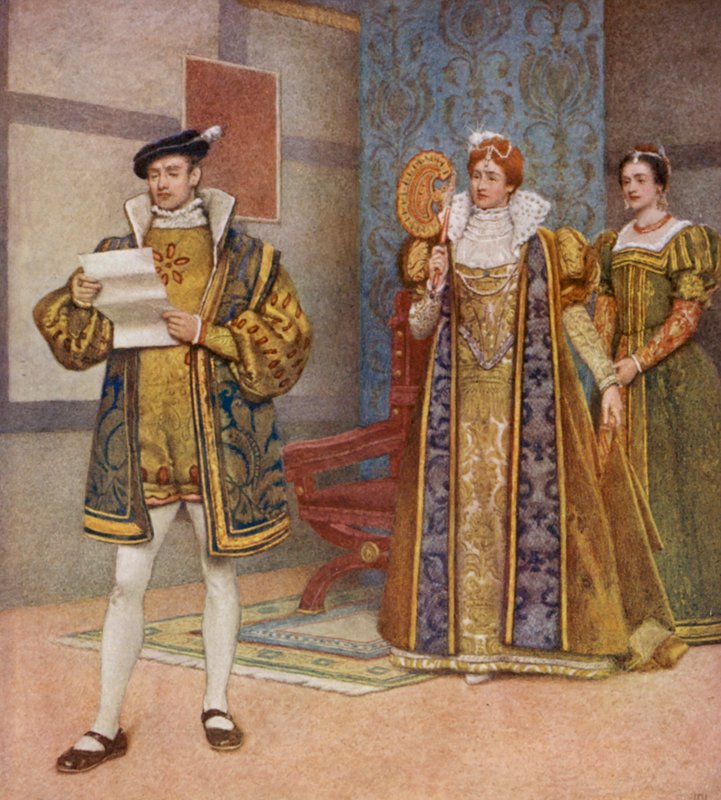 El mercader de Venecia de Shakespeare: Bassanio, Portia y Nerissa (litografía en color) de James Dromgole Linton