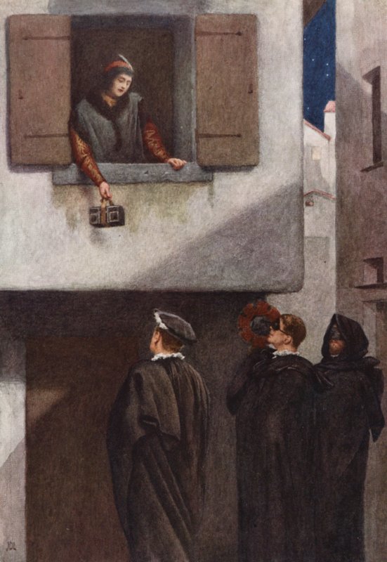 El mercader de Venecia de Shakespeare: Jessica, Lorenzo, Gratiano y Salarino (litografía en color) de James Dromgole Linton
