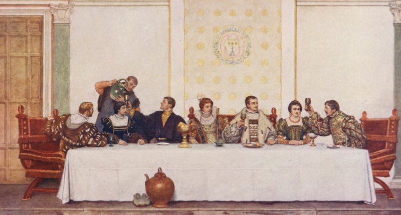 El mercader de Venecia de Shakespeare: Lorenzo, Jessica, Antonio, Portia, Bassanio, Nerissa y Gratiano (litografía en color) de James Dromgole Linton
