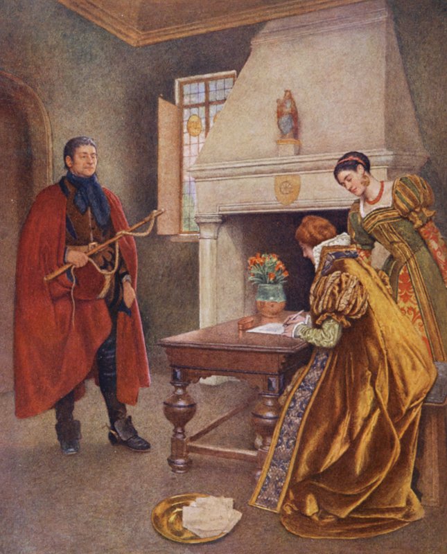 El mercader de Venecia de Shakespeare: Porcia, Nerissa y Baltasar (litografía en color) de James Dromgole Linton