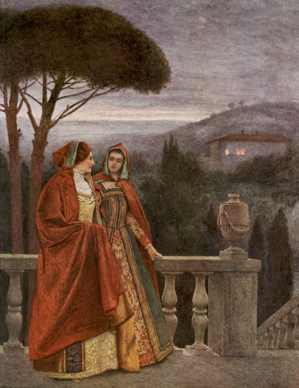 El mercader de Venecia de Shakespeare: Porcia y Nerissa (litografía en color) de James Dromgole Linton