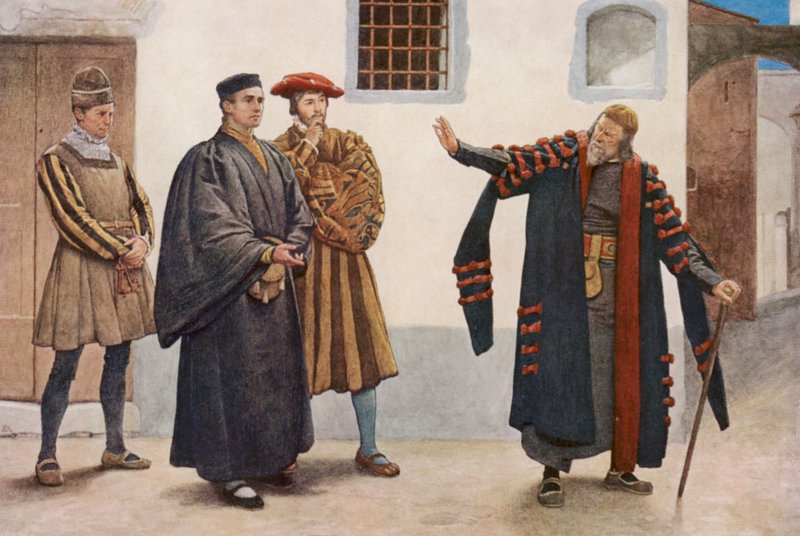 El mercader de Venecia de Shakespeare: Shylock, Antonio, Salarino y Gaoler (litografía en color) de James Dromgole Linton