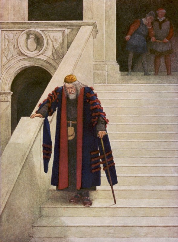 El mercader de Venecia de Shakespeare: Shylock saliendo del Palacio Ducal (litografía en color) de James Dromgole Linton