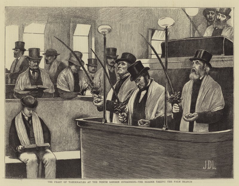 La Fiesta de los Tabernáculos en la Sinagoga del Norte de Londres, el lector tomando la rama de palma de James Dromgole Linton