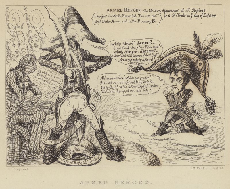 Héroes Armados: Primer Ministro Británico Henry Addington confrontando a Napoleón y la amenaza de una invasión francesa, 1803 de James Gillray
