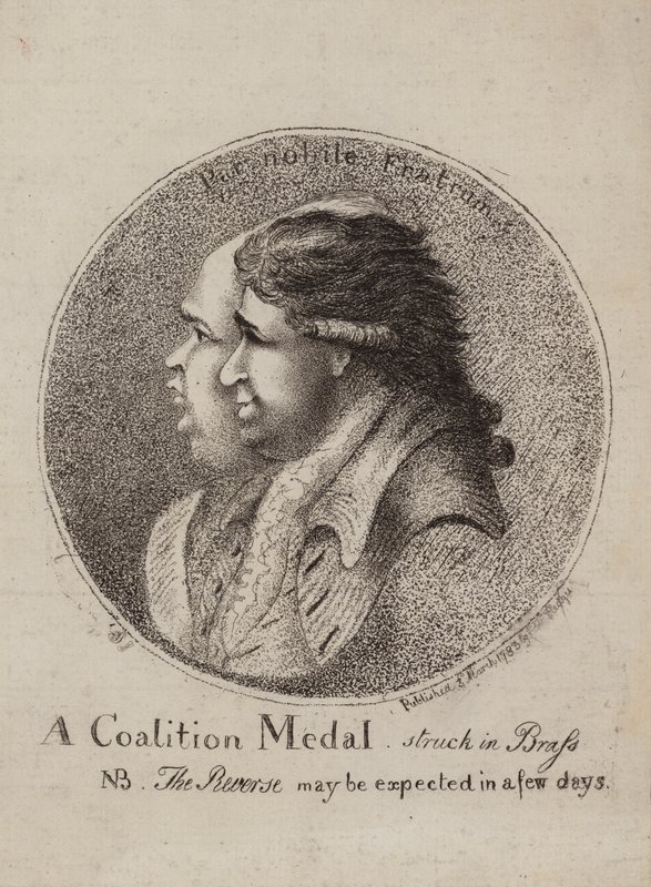 Medalla de la Coalición, acuñada en bronce: sátira sobre la coalición de los políticos británicos Lord North y Charles James Fox, 1783 de James Sayers