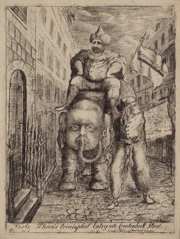 La entrada triunfal de Carlo Khan en Leadenhall Street: sátira sobre el político whig Charles James Fox y sus ambiciones respecto a la India de James Sayers