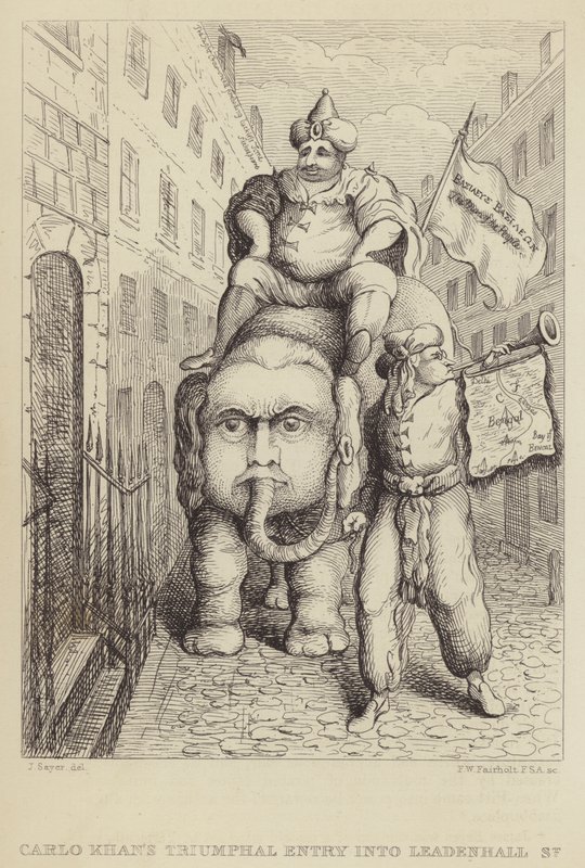 La Entrada Triunfal de Carlo Khan en Leadenhall Street: sátira sobre el político whig Charles James Fox y sus ambiciones respecto a la India de James Sayers