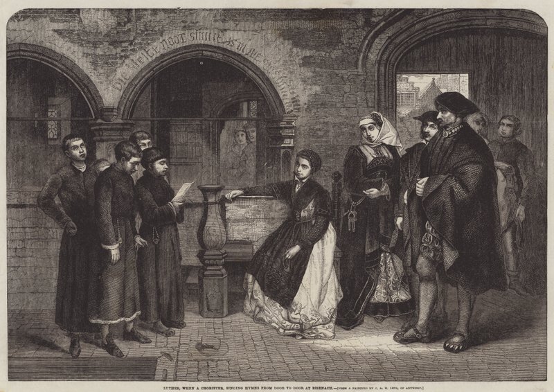 Lutero, cuando era corista, cantando himnos de puerta en puerta en Eisenach de Jan August Hendrik Leys