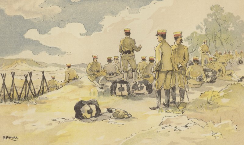 Un batallón de la Guardia Imperial se detiene en su camino a Liao-yang (cromolito) de Japanese School