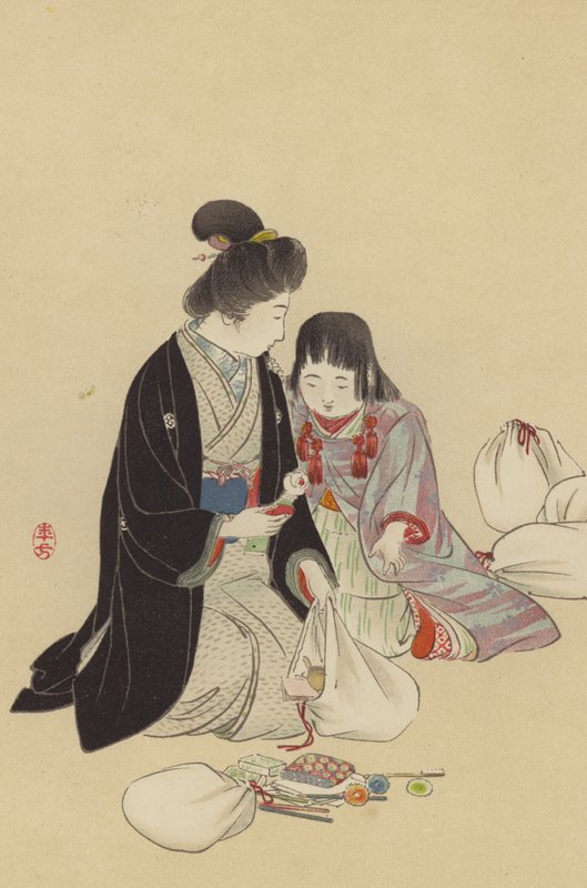 Una madre y su hija preparan los regalos que enviarán al frente (cromolito) de Japanese School