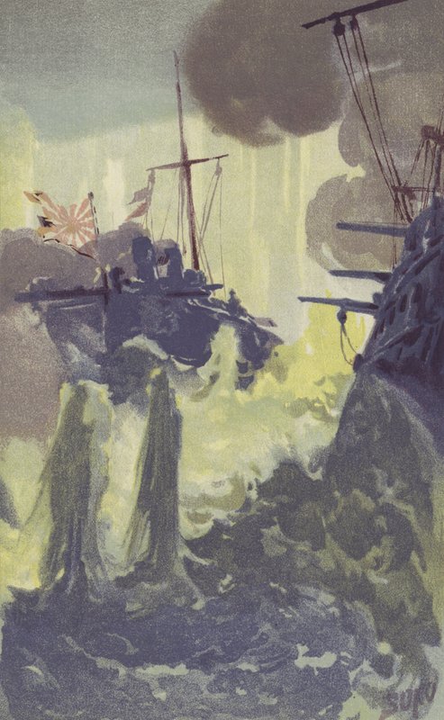Ataque nocturno de destructores torpederos japoneses a la escuadra rusa frente a Port Arthur (chromolitho) de Japanese School