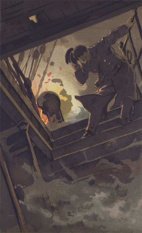 Comandante Hirose buscando al Suboficial Sugino (cromolito) de Japanese School
