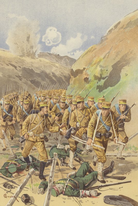 El teniente Takagi pide permiso a su comandante de brigada para avanzar (cromolito) de Japanese School