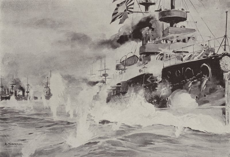 El Mikasa luchando valientemente contra la escuadra rusa frente a Port Arthur el 10 de agosto (litografía) de Japanese School