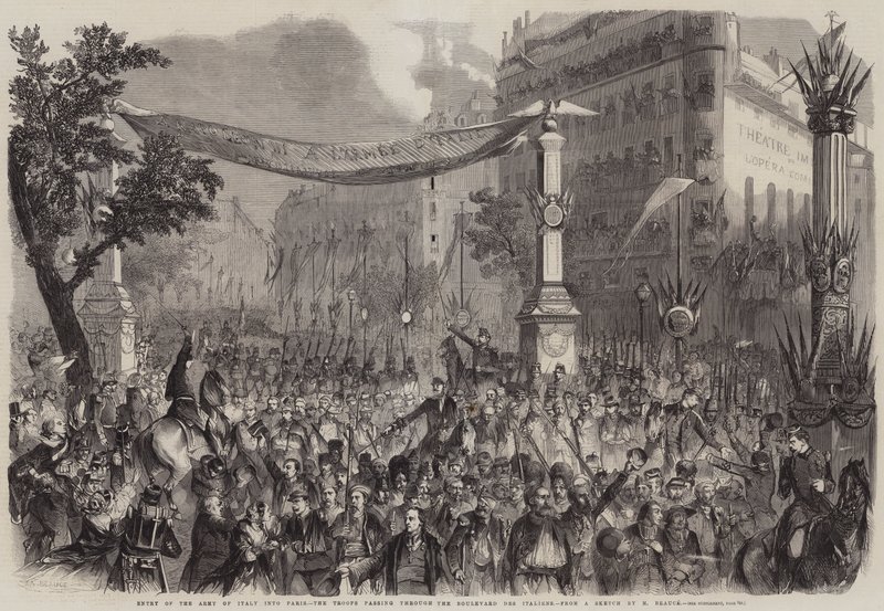 Entrada del Ejército de Italia en París, las tropas pasando por el Boulevard des Italiens de Jean Adolphe Beauce