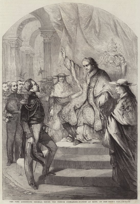 El Papa dirigiéndose al General Goyon, el Comandante en Jefe francés en Roma, el día de Año Nuevo de Jean Adolphe Beauce