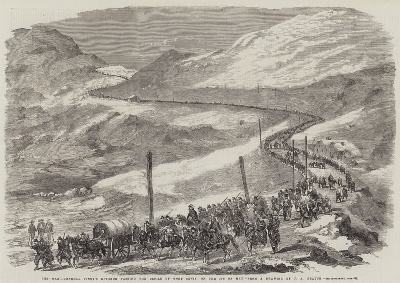 La guerra, la división del General Vinoy pasando el desfiladero de Mont Cenis, el 5 de mayo de Jean Adolphe Beauce