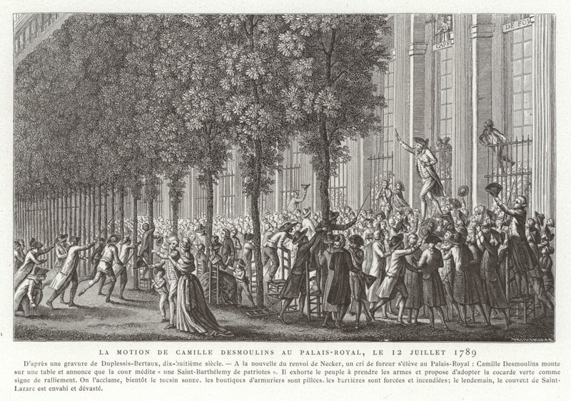 Camille Desmoulins llama a las armas fuera del Palais Royal, París, Revolución Francesa, 12 de julio de 1789 de Jean Duplessis Bertaux