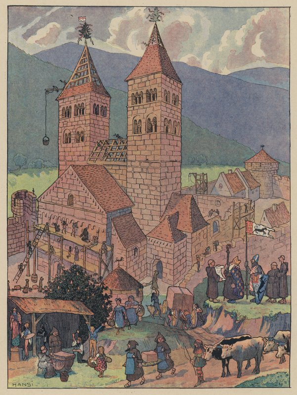 Construcción de la abadía de Murbach, cerca de Guebwiller, Alsacia (litografía en color) de Jean Jacques Waltz