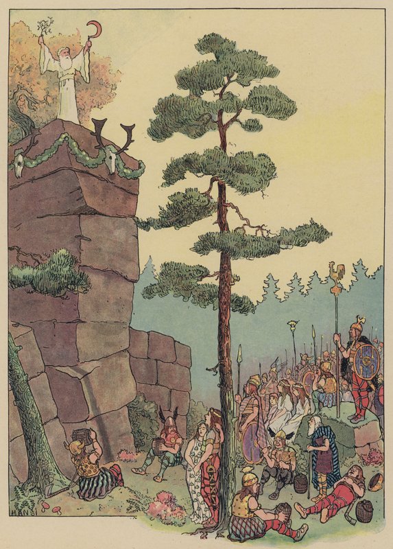 Druidas celebrando una fiesta en el Maennelstein, Alsacia (litografía en color) de Jean Jacques Waltz