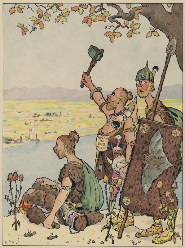 Los alemanes mirando hacia Alsacia desde la otra orilla del Rin (litografía en color) de Jean Jacques Waltz