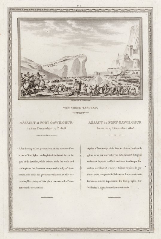 Captura del fuerte de Gawilghur por los británicos bajo el mando de Arthur Wellesley, Segunda Guerra Anglo-Maratha, India de Jean (after) Duplessi Bertaux