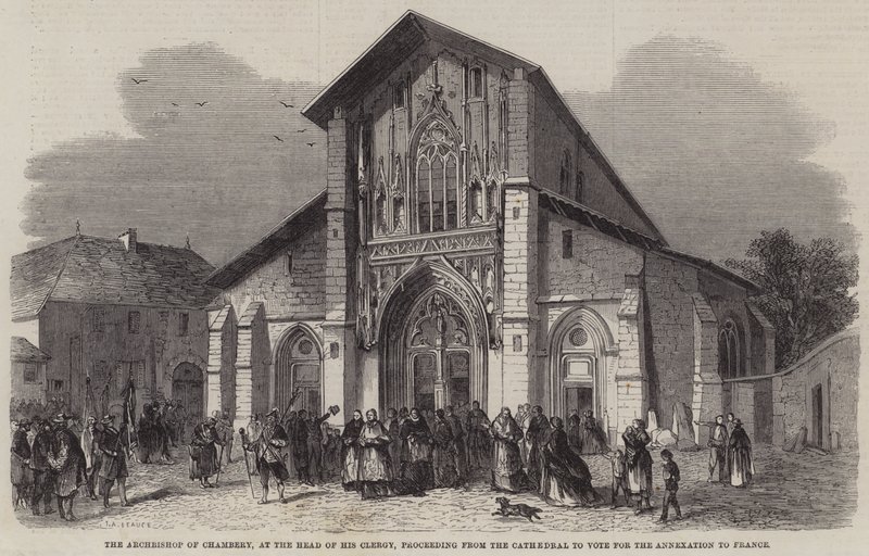 El Arzobispo de Chambéry, a la cabeza de su clero, procediendo de la Catedral para votar por la anexión a Francia de Jean Adolphe Beauce