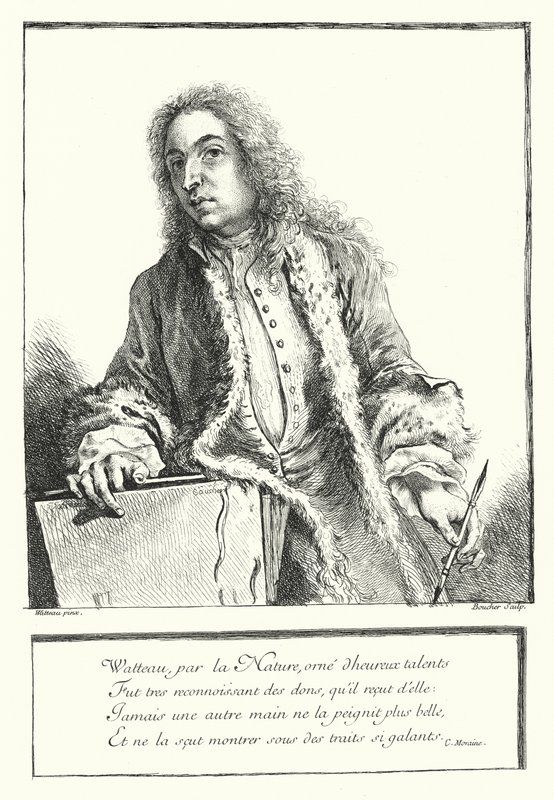 Autorretrato del artista francés Antoine Watteau (grabado) de Jean Antoine (after) Watteau