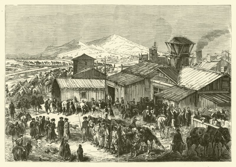 Puesto comercial ruso en Kashgar (grabado) de Jean Baptiste Henri Durand Brager
