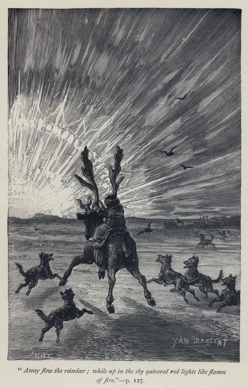 "Los renos volaron, mientras en el cielo temblaban luces rojas como llamas de fuego" (grabado) de Jean Edouard Dargent
