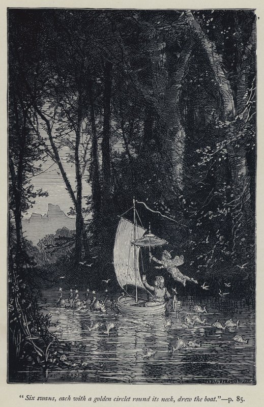 "Seis cisnes, cada uno con un círculo dorado alrededor de su cuello, tiraban del bote" (grabado) de Jean Edouard Dargent