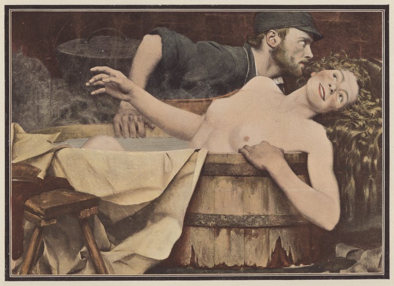 Después del lavado, mujer en una tina de baño (litografia de color) de Jean Eugene Buland