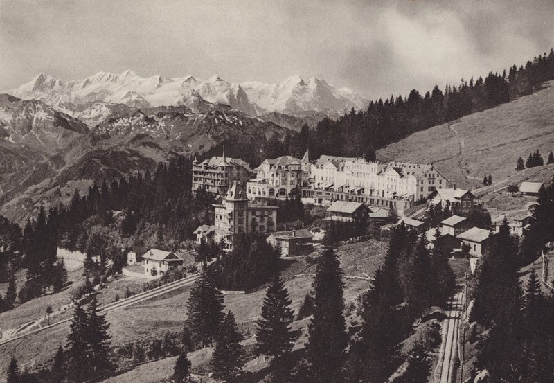 Grand Hotel, Rigi Kaltbad, Situado en el ferrocarril de cremallera de Vitznau Rigi Kulm (foto b/n) de Jean Gaberell