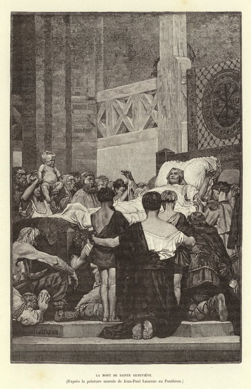 La muerte de Santa Genoveva, c512 (grabado) de Jean Louis Hamon