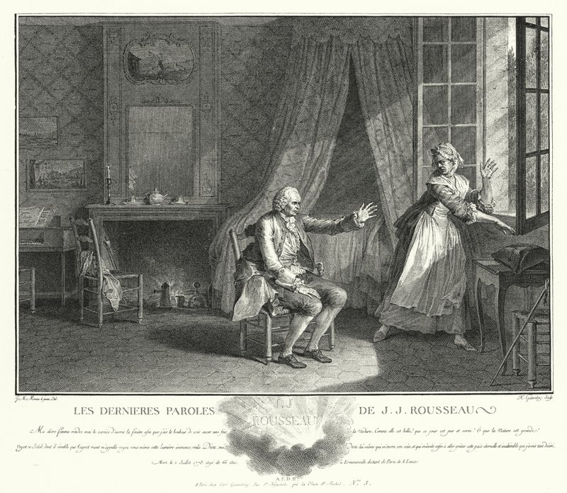 Las últimas palabras de Jean-Jacques Rousseau (grabado) de Jean Michel the Younger Moreau