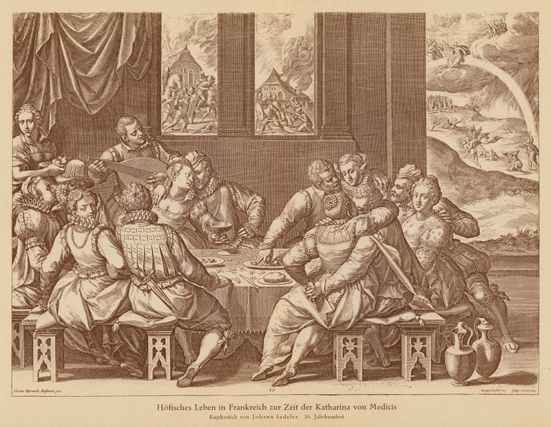 La vida en la corte francesa en tiempos de Catalina de Médicis (grabado en cobre) de Jean or Johann Sadeler