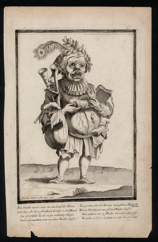 Hombre llevando una gaita y usando un tocado de plumas de pavo real, impresión de vestuario surrealista, c1700 de Jeremias Wolff