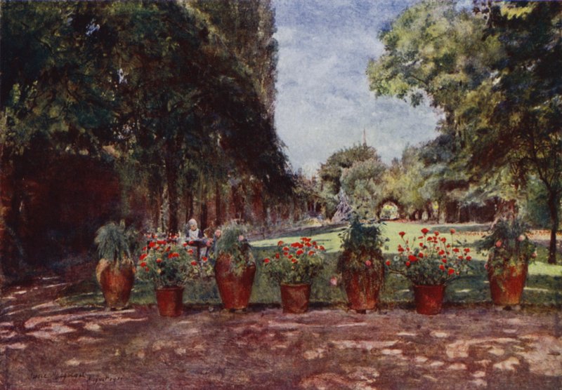 Casa Kelmscott, vista de la casa y el jardín, mirando hacia el río (litografía a color) de Jessie MacGregor