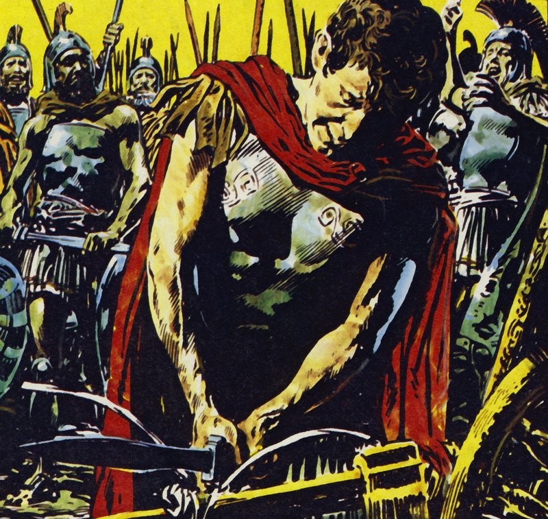 Alejandro rompe el nudo gordiano con su espada (litografía en color) de Jesus Blasco