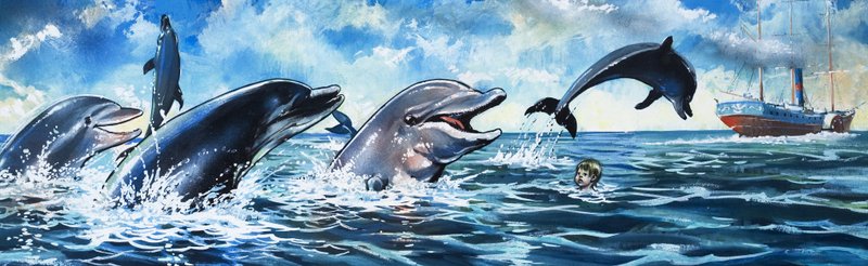 Niño nadando con delfines (gouache sobre papel) de Jesus Blasco