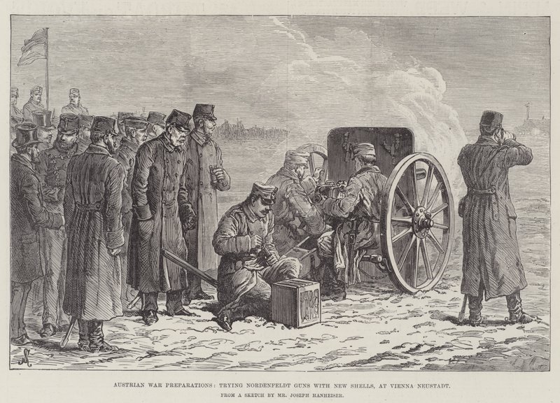 Preparativos de Guerra Austriacos, probando Cañones Nordenfeldt con Nuevas Municiones, en Viena Neustadt de Johann Nepomuk Schonberg