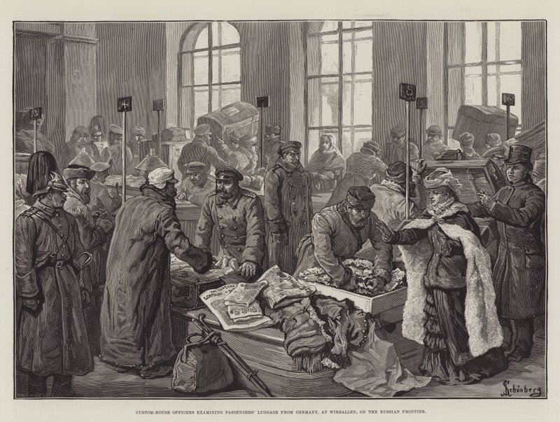 Oficiales de aduanas examinando el equipaje de los pasajeros de Alemania, en Wirballen, en la frontera rusa de Johann Nepomuk Schonberg