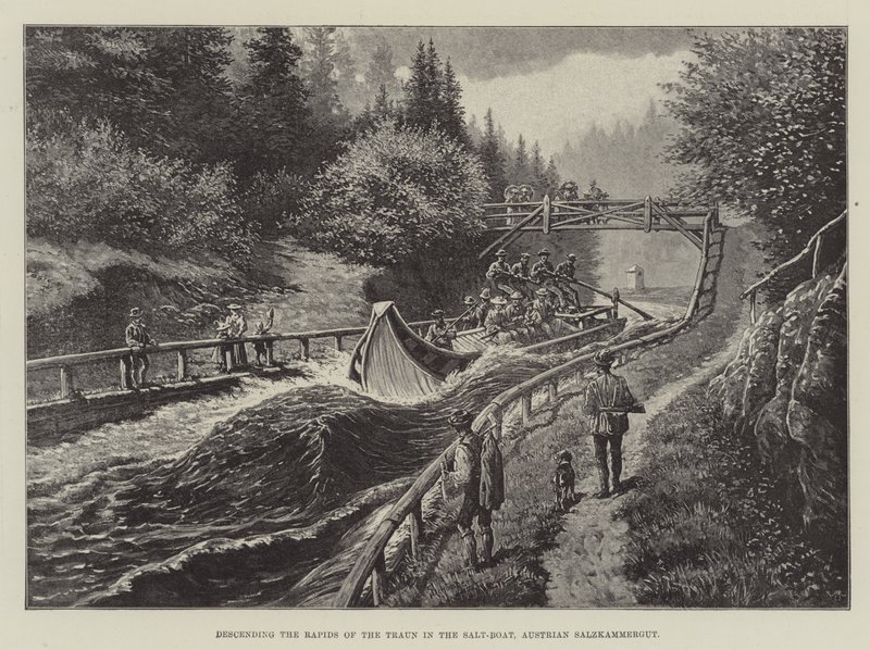 Descendiendo los Rápidos del Traun en el Barco de Sal, Salzkammergut Austriaco de Johann Nepomuk Schonberg
