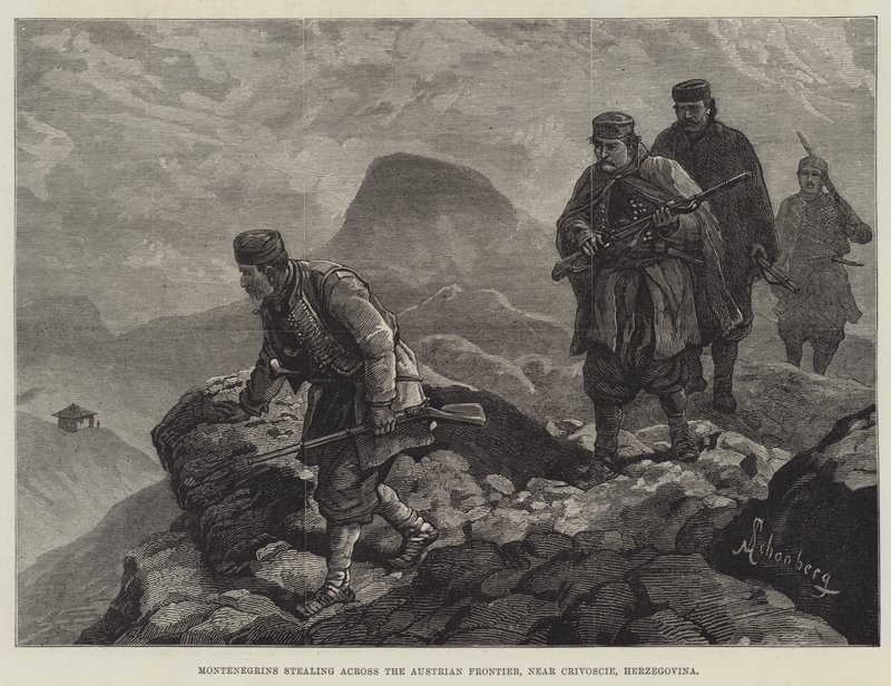 Montenegrinos cruzando furtivamente la frontera austriaca, cerca de Crivoscie, Herzegovina de Johann Nepomuk Schonberg