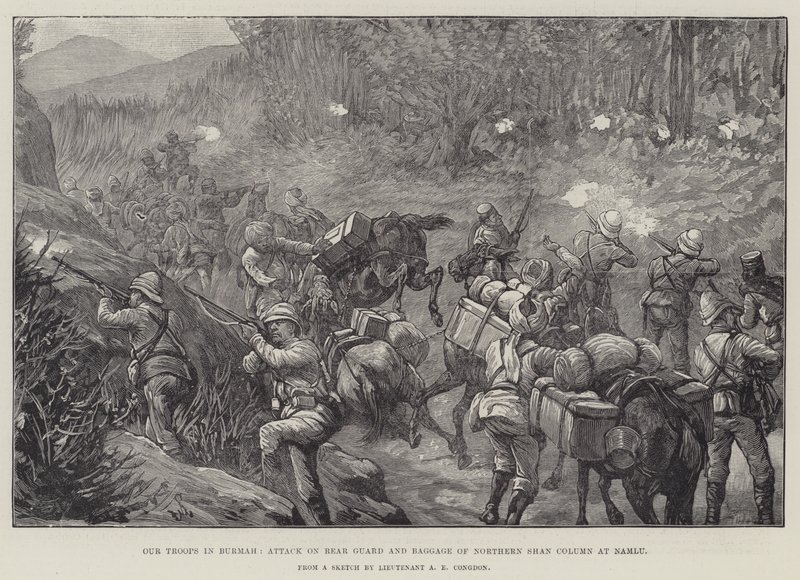 Nuestras tropas en Birmania, ataque a la retaguardia y equipaje de la columna del norte de Shan en Namlu de Johann Nepomuk Schonberg