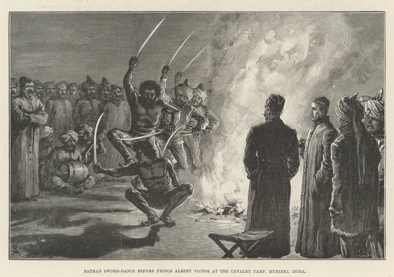 Danza de espada Pathan ante el Príncipe Alberto Víctor en el campamento de caballería, Muridki, India de Johann Nepomuk Schonberg