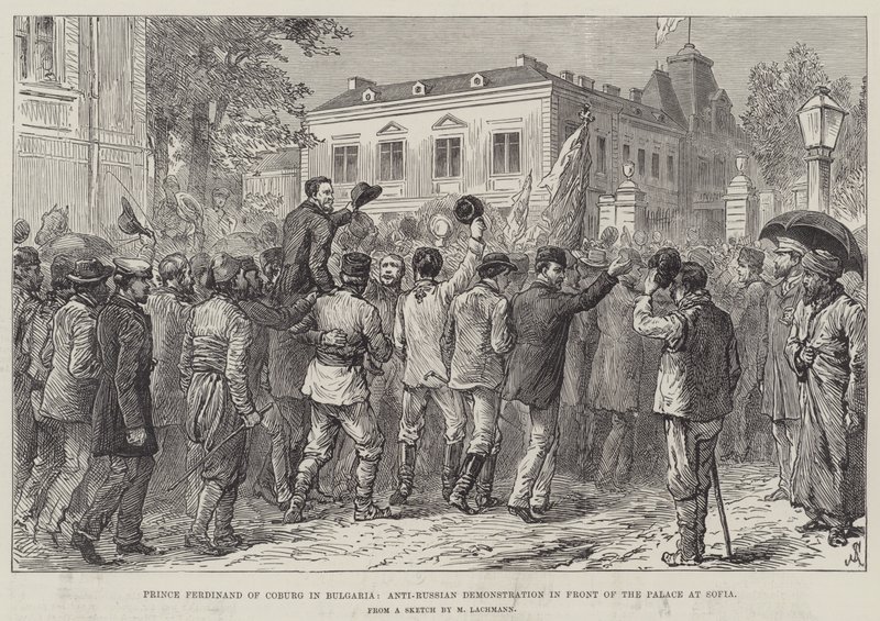 Príncipe Fernando de Coburgo en Bulgaria, manifestación anti-rusa frente al palacio en Sofía de Johann Nepomuk Schonberg