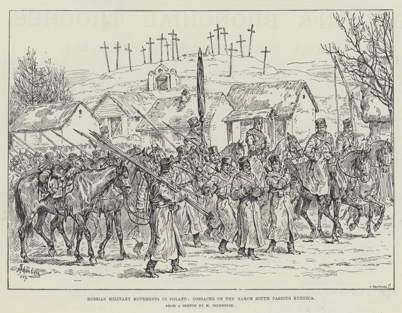 Movimientos militares rusos en Polonia, cosacos marchando hacia el sur pasando por Kuznica de Johann Nepomuk Schonberg